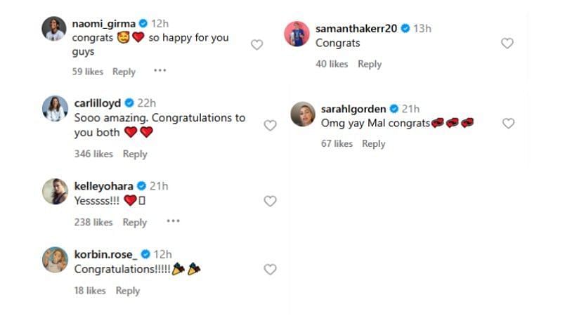 Mallory Swanson's Instagram post featuring athletes' comments - Source: via @malpugh on Instagram